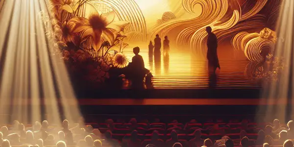 A vintage cinema filled with a diverse audience, captivated by an abstract film on a large screen.