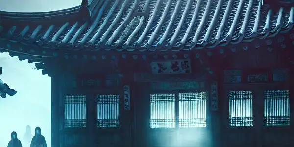A misty Korean landscape at twilight featuring a hanok, shadowy figures, and ghostly apparitions.