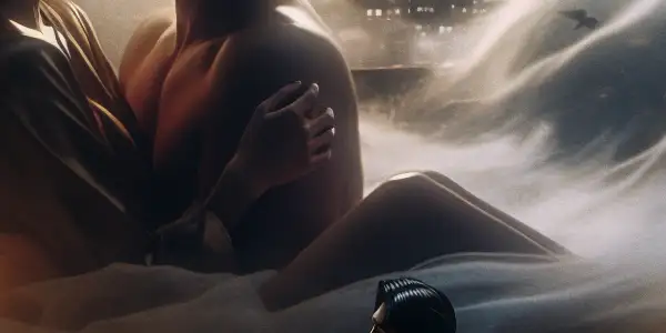 A passionate couple in a dimly lit modern apartment, surrounded by romantic elements and cinematic ambiance.