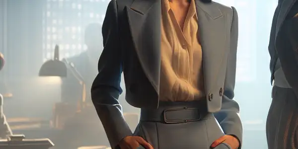 A female secretary engages in a tense conversation with a male colleague in a modern office filled with intrigue.