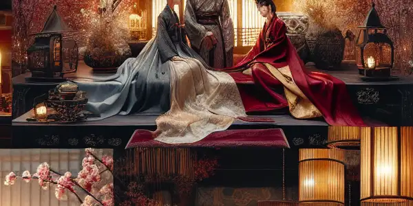 A romantic Korean film set featuring elegant characters in traditional attire amidst ornate architecture and soft lighting.