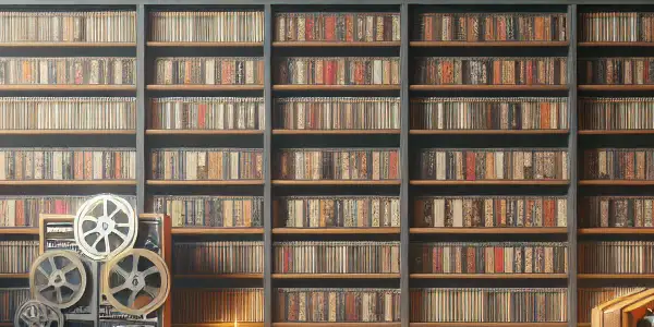 A vintage-themed library filled with classic adult film resources, featuring shelves of film reels, magazines, and a cozy armchair.