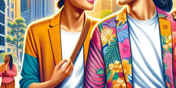 A joyful city scene with a young man and a cheerful middle-aged man laughing, surrounded by diverse, happy people.