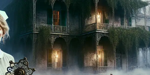 A young nurse holds a glimmering key in an eerie Louisiana mansion surrounded by misty swamps and shadowy doorways.