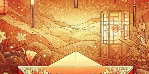 A vibrant red envelope surrounded by playful symbols in a festive, inviting atmosphere reflecting modern erotic themes.