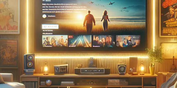 A cozy home theater with a large TV, popcorn, movie posters, and warm lighting, blending modern and retro elements.