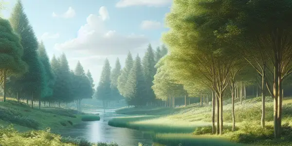 A tranquil outdoor scene featuring a lush forest, a cozy picnic setup, and a serene river under a blue sky.