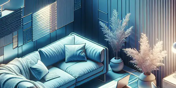 A cozy, intimate space with soft lighting, a plush sofa, and abstract shapes representing self-exploration and privacy.