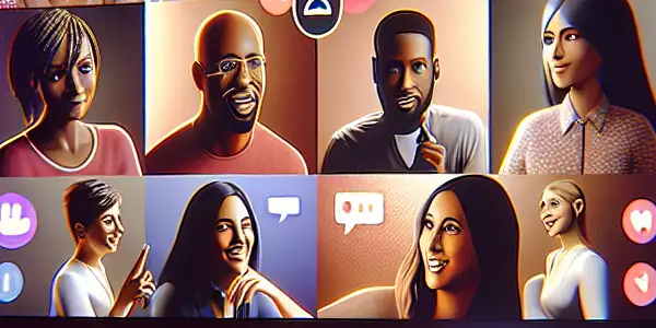 A cozy virtual chat environment with diverse people engaged in lively conversation on a stylish computer screen.