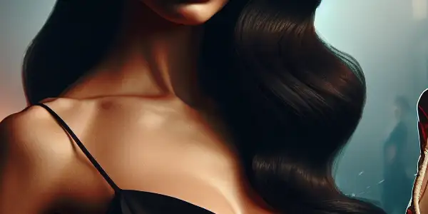 A striking female Russian spy in a sleek black dress, holding a ballet shoe in a dimly lit espionage facility.