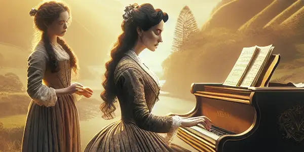 A mute woman plays a grand piano in 19th century New Zealand, surrounded by her daughter amidst a lush landscape.