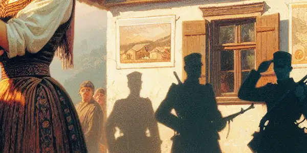 A romantic couple in traditional Albanian clothing amidst a rural landscape, juxtaposed with shadowy partisans planning resistance.