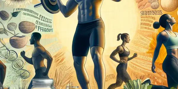 A vibrant gym scene with diverse men exercising, emphasizing confidence, nutrition, and motivational elements for self-improvement.