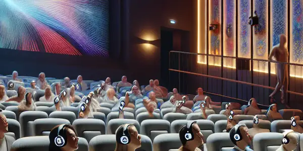 A vibrant cinema interior designed for inclusivity, featuring blind and sighted viewers enjoying a film experience together.