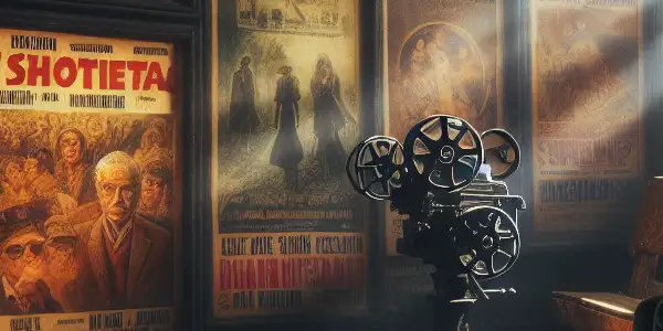 A dimly lit cinema showcases vintage posters of banned Chinese films, with a lone figure reflecting on censorship.