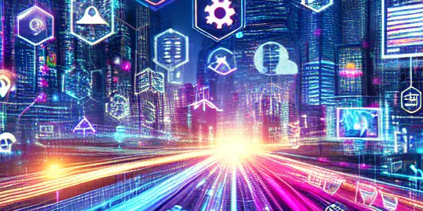 A vibrant, futuristic cityscape at night with diverse users engaging excitedly with devices amidst neon lights and data streams.