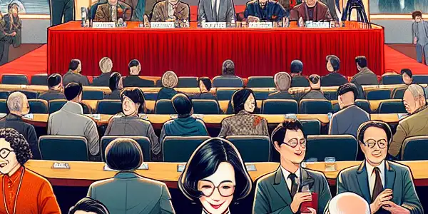 A vibrant conference hall filled with renowned Chinese filmmakers and actors, celebrating cinema's history and future.