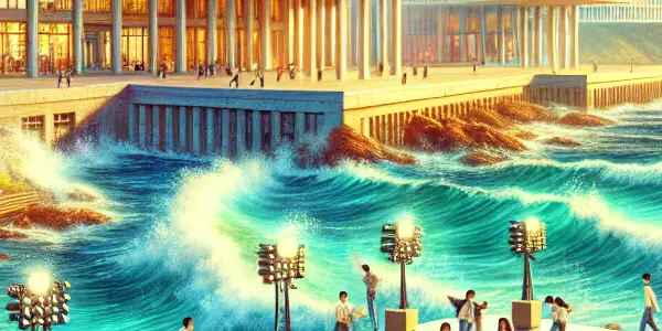 A vibrant coastal film academy scene with students engaged in filmmaking activities amidst modern architecture and lush greenery.