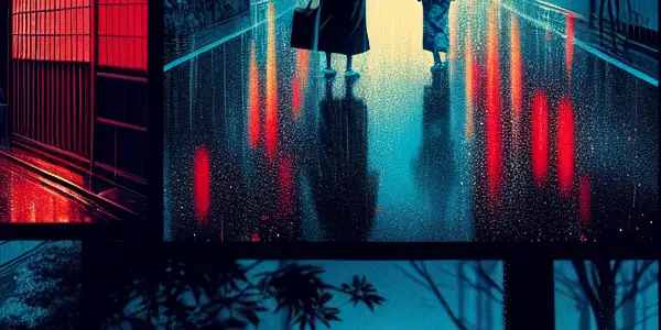 A couple in an emotional conversation in a twilight urban landscape, reflecting neon lights and cultural elements.