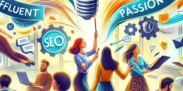 A vibrant office scene with diverse content creators collaborating amidst floating ideas and natural light.