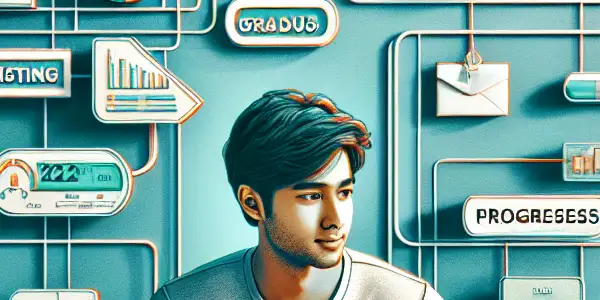 A young adult excitedly checks exam results on a laptop at a modern desk, surrounded by educational elements.