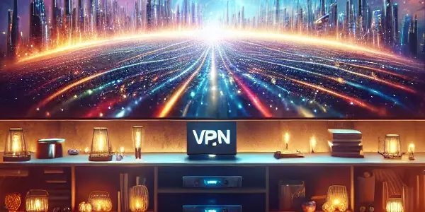 A cozy home theater with a large screen showing a sci-fi movie, plush sofa, popcorn, and warm lighting.