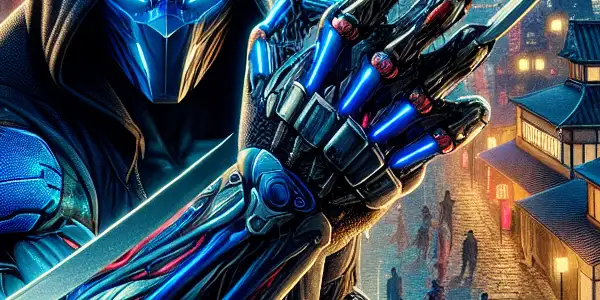 Wolverine confronts the Silver Samurai in a dramatic night scene blending traditional Japan and modern city life.