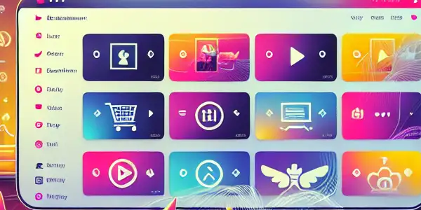 A modern online adult entertainment platform interface featuring vibrant colors, video thumbnails, and various devices in a cozy room.