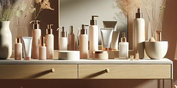 A serene private skincare space featuring an elegant vanity, soothing lighting, and natural floral elements.