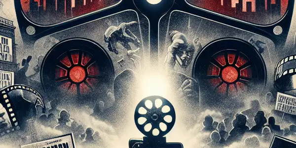 A film reel unspools amidst iconic imagery from banned movies, shadowy figures, and a foggy city skyline.