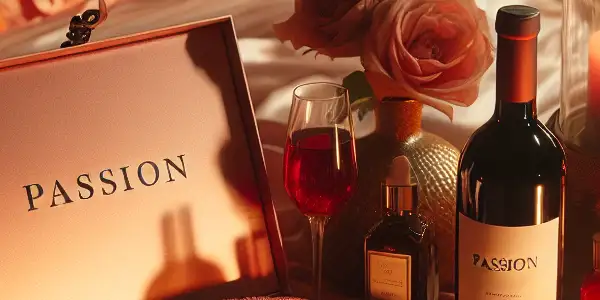 A romantic bedroom scene with candles, rose petals, wine, and intimate decor, evoking passion and warmth.