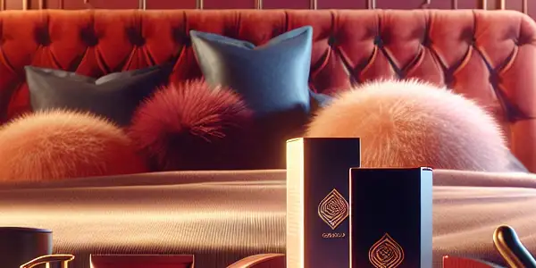 A cozy bedroom scene featuring a bedside table with elegant intimacy products, symbolizing safety and passion in relationships.
