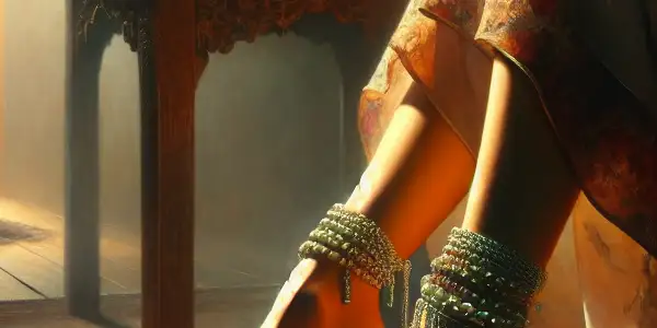 A romantic, intimate scene featuring elegantly styled feet on a vintage rug, with a blurred figure in the background.