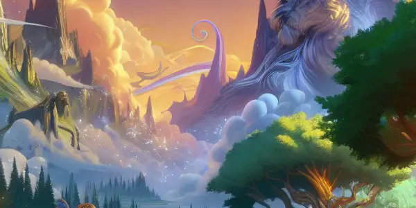 A brave adventurer embarks on a whimsical journey through a vibrant, fantastical landscape filled with quirky characters.