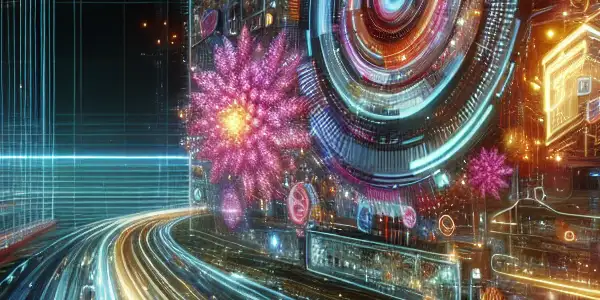 A futuristic digital landscape featuring neon lights, data streams, and holographic screens representing adult content logistics.