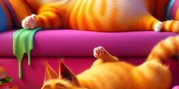 Garfield lounging on a colorful couch surrounded by food, with Odie playfully stealing pizza in a cozy living room.