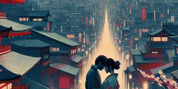 A couple in a tender, conflicted moment amidst cherry blossoms and a backdrop of iconic Japanese architecture.