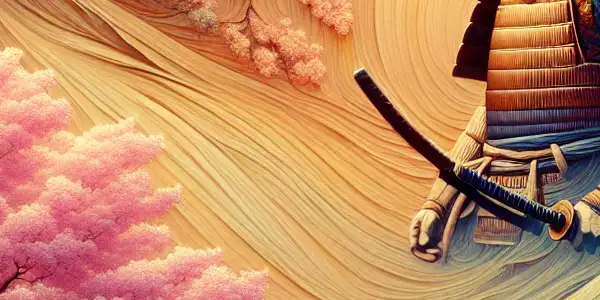 A serene Japanese landscape with cherry blossoms, samurai warriors, and a spirit from "Spirited Away."