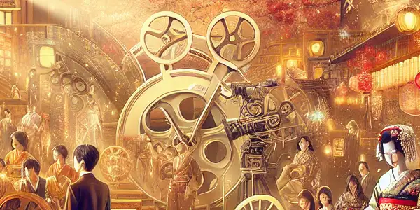 A vibrant 1970s film set depicting Japanese adult cinema, featuring diverse scenarios, intricate costumes, and cultural symbols.