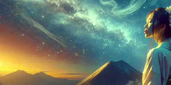 A young woman stands on a cliff under a starry sky, surrounded by cherry blossoms, symbolizing hope and longing.