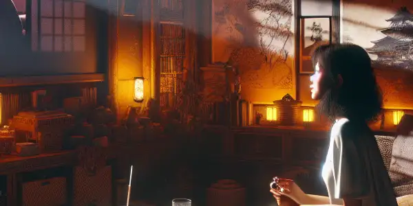 A cozy living room featuring a person absorbed in a classic Japanese film, surrounded by vintage decor and snacks.