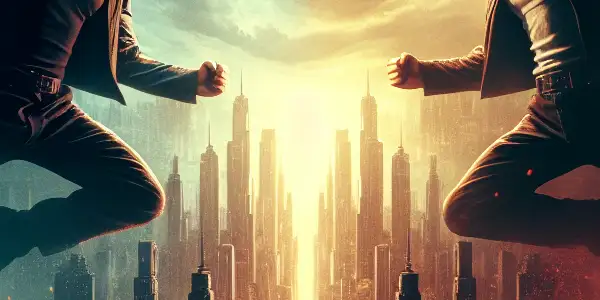 Dynamic action poster featuring two male heroes in an urban battle scene with explosions and intense expressions.