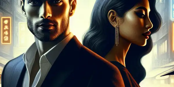 A handsome man and an alluring woman share a mysterious moment in a romantic urban night setting.