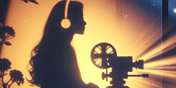 A cozy room with a vintage projector, casting flickering images, and a silhouette watching a short film at midnight.