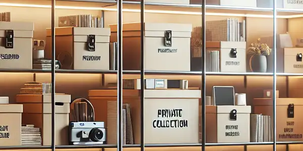 A cozy living room emphasizing privacy, featuring discreet storage for personal media and a comfortable, inviting atmosphere.