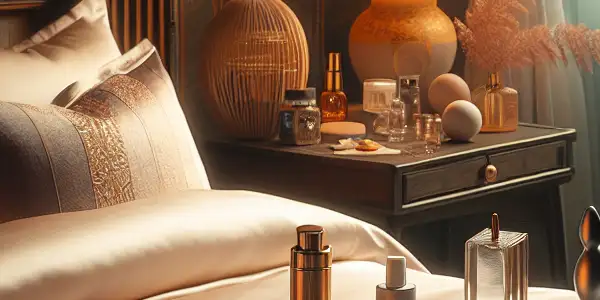 An intimate bedroom scene featuring elegant silicone toys and bondage accessories, emphasizing safety and exploration in adult entertainment.