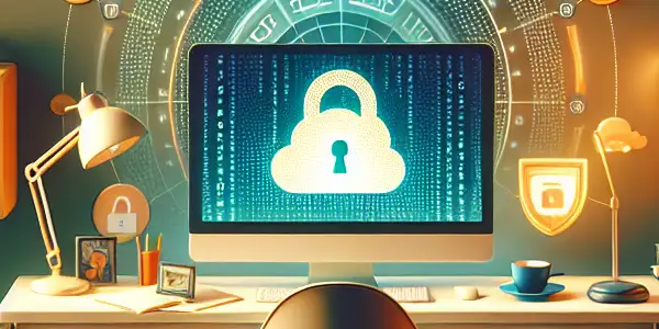 A serene home office with a computer displaying encrypted storage, surrounded by security symbols emphasizing privacy for adult content.