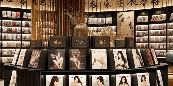 A sophisticated adult entertainment store featuring elegant design, private browsing areas, and vibrant displays of adult films.