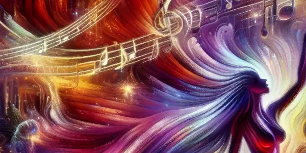 A vibrant scene featuring an ethereal performer amidst swirling lights and musical notes, blending music and cinematic elements.