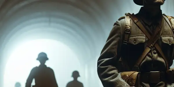A determined resistance fighter stands in a rugged underground tunnel, surrounded by comrades, evoking tension and camaraderie during wartime.